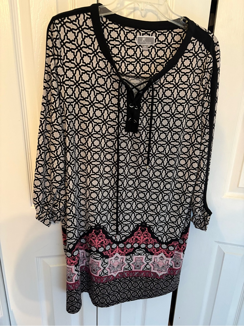 JM Collection Black and Pink Border-Print Lace-Up Tunic